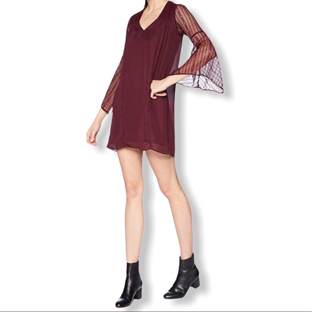 AVEC LES FILLES Maroon Lace Sheer Long Bell Sleeve Shift Mini Dress Size 4